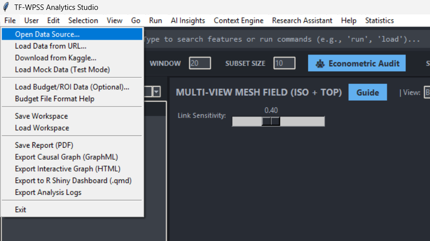 File menu open on Open Data Source